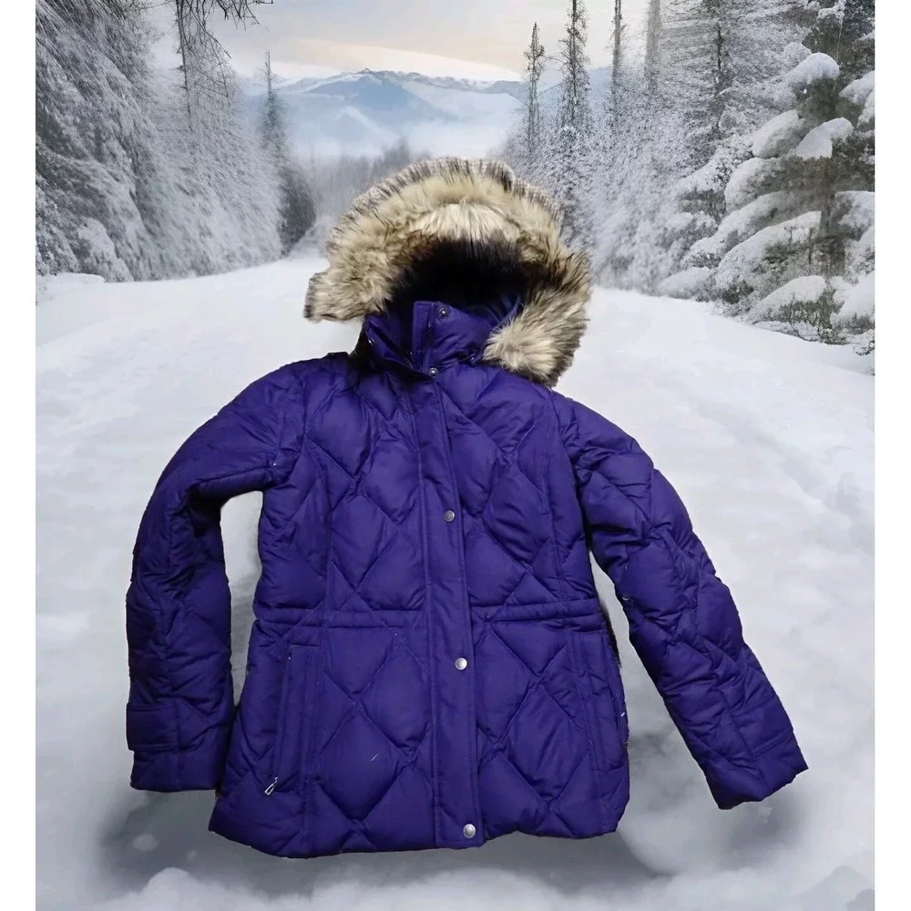 Lands End Puffer Jacket Womens Small Purple Excellent Down Faux Fur Hood Coat